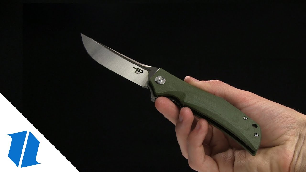 Bestech Knives Scimitar Liner Lock Knife OD Green G-10 (3.75" Satin, Gray)  