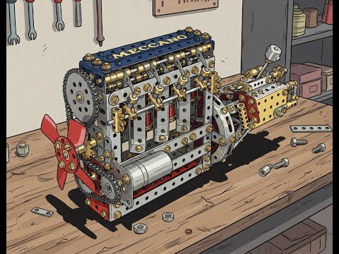 Finished Meccano 4-Cylinder Engine with working pistons, camshaft and valves