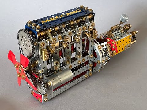 Finished Meccano 4-Cylinder Engine with working pistons, camshaft and valves