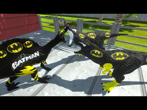 BATMAN SPINO VS 2X BATMAN T REX & SPIDERMAN MOSASAURUS DEATH RUN - Animal Revolt Battle Simulator