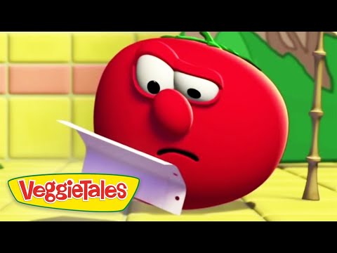 Red VeggieTales tomato character looks puzzled while holding a sheet of paper in a bright kitchen set.