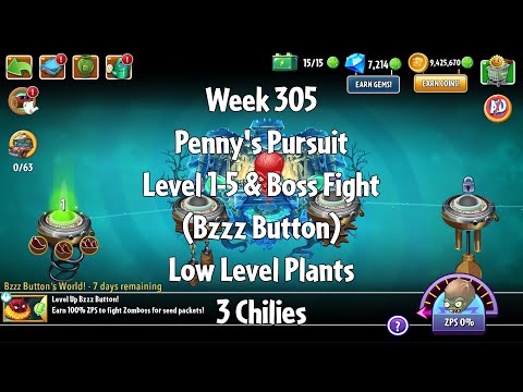 PvZ2 Penny's Pursuit Week 305 (Bzzz Button) - Level 1-5 & Boss Fight - 3 Chilies