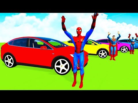 COLOR TESLA CARS & Boats w/Superheroes Cartoon w Spiderman Superman Hulk