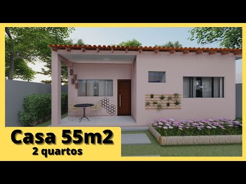 Planta de casa 2 quartos 55m2, planta simples e aconchegante com telhado duas aguas (house cozy)