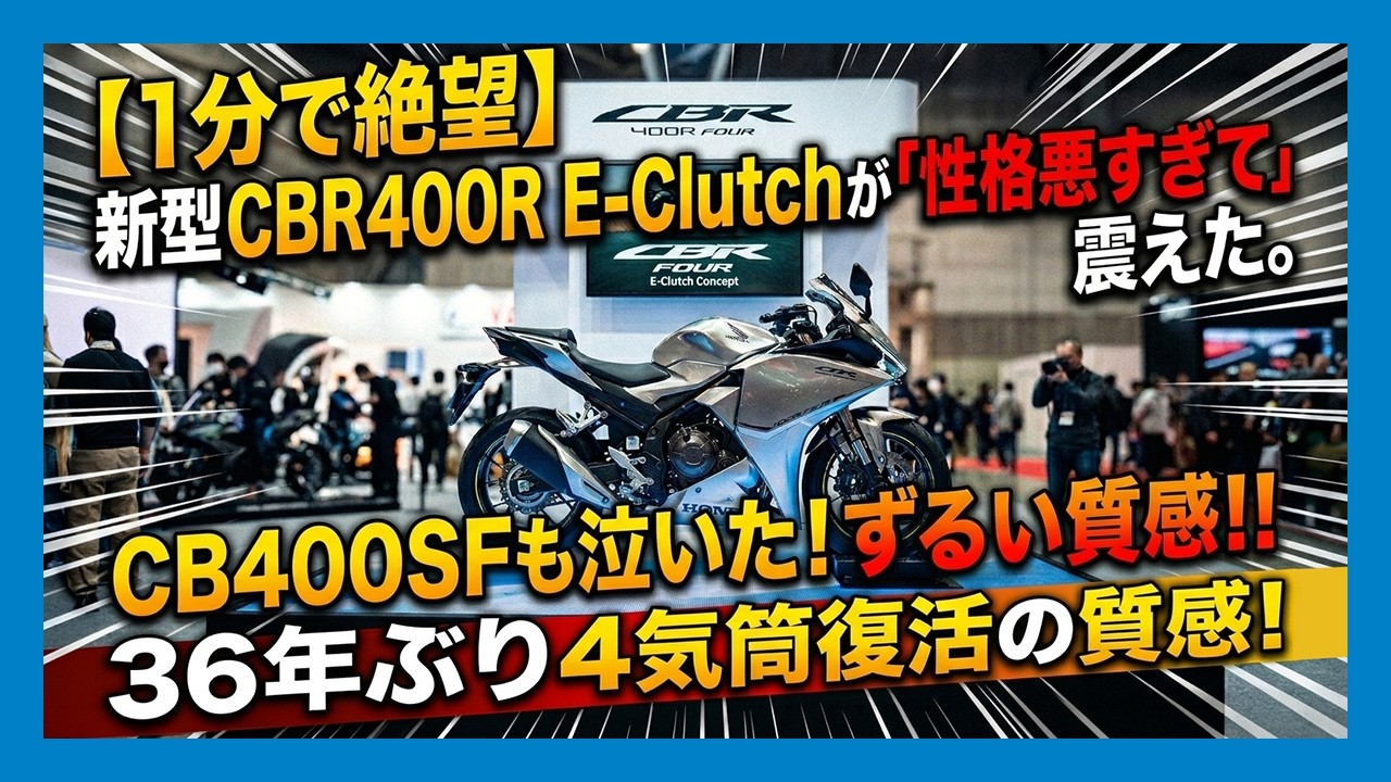 【1分で絶望】新型CBR400R FOUR E-Clutchが「性格悪すぎて」震えた。36年ぶり4気筒復活の質感にあのバイクも嫉妬…？【大阪モーターサイクルショー2026】