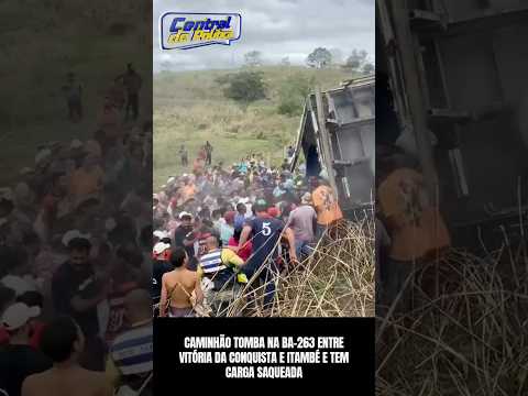 Caminhão tomba na BA-263 entre Itambé e Vitoria da Conquista e tem carga saqueada