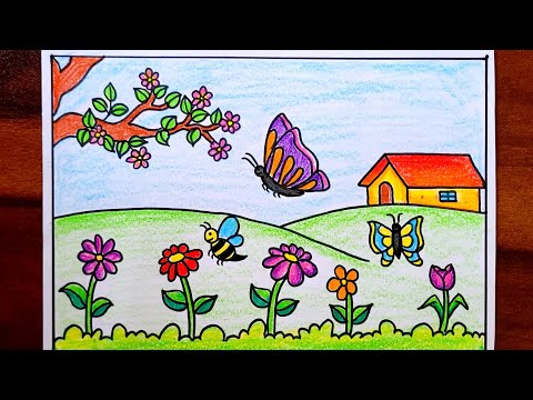 Spring Season Drawing | Flowers and Butterfly Drawing easy | How to make Spring Season Drawing