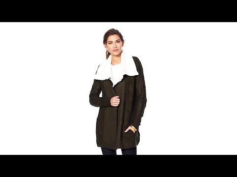 Jamie Gries Cable Knit Duster with Faux Shearling Collar