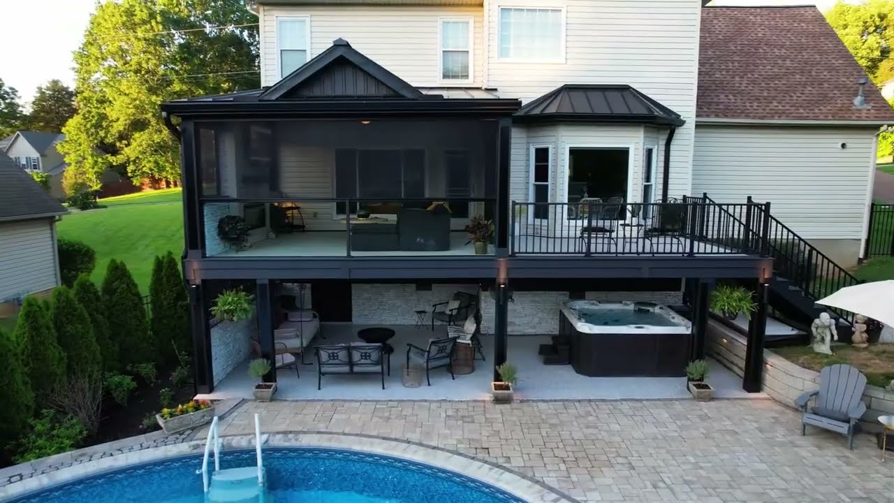 Ultimate Outdoor Living Space I Dream Deck, Custom Screen Room with glass Rails & Hot tub area.