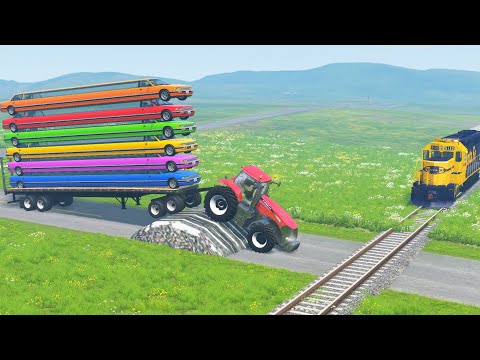 Rescue Five Limousine Long Cars Flatbed Trailer Tractor Truck Speed Bump - Cars vs Trains and Rails