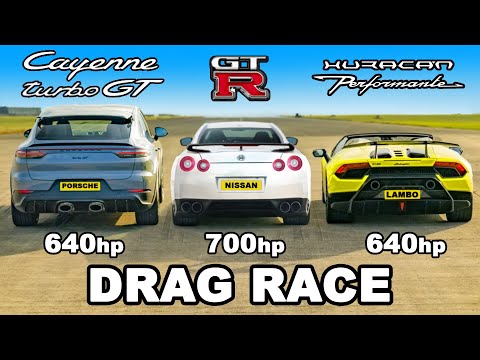 Lamborghini Performante v 700hp GT-R v Cayenne Turbo GT: DRAG RACE