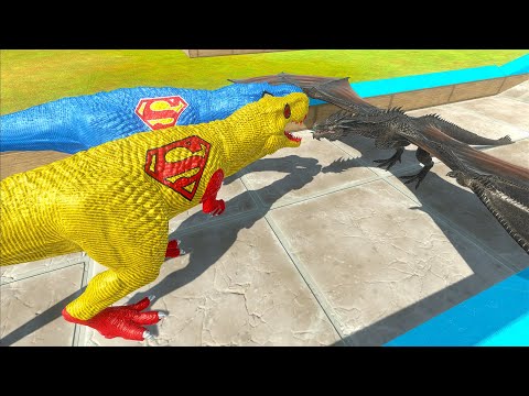 2x SUPERMAN T-REX vs DRAGON DEADLY RUN - Animal Revolt Battle Simulator