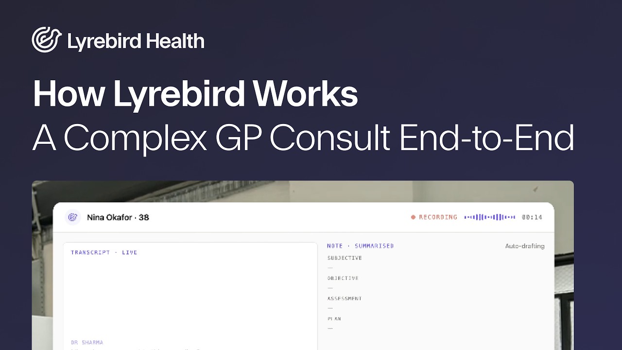 Lyrebird open during a general practice consult, drafting the note and the referral as the clinician talks with the patient.