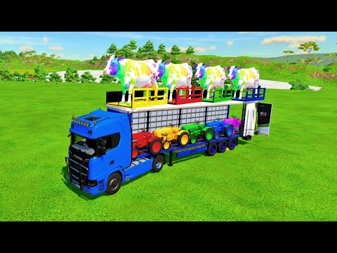 LOAD RAINBOW COWS TRANSPORT WITH COLORED MINI TRACTORS CROSSING COW BRIDGE - Farming Simulator 22