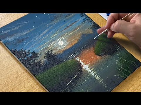 Magical Moonlight Lake Painting - Easy Acrylic Tutorial for Beginners