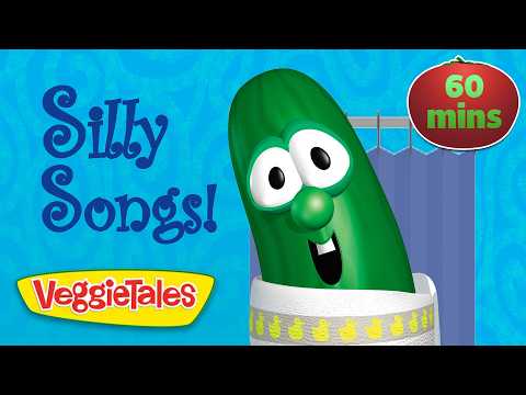 Promotional image for VeggieTales Silly Songs! featuring a smiling green cucumber character and a blue background with a 60 mins badge.