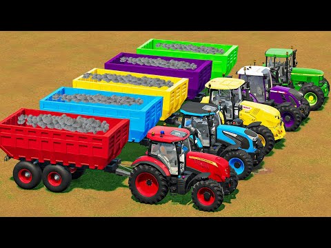 McCORMICK & JOHN DEERE & JCB & CLAAS TRACTORS TRANSPORTING CHALLENGE WITH STONE & CAT LOADER! FS22
