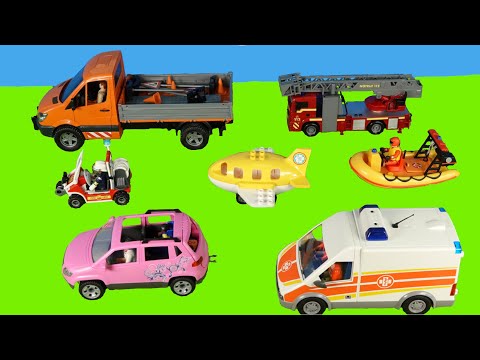Fire engine in action - Play with airplane, police car and ambulance - toys for kids