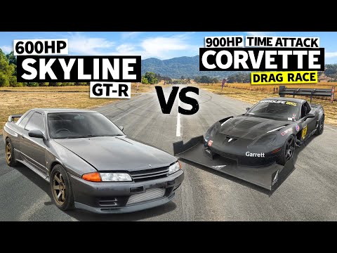 600hp R32 Skyline GT-R vs 900hp Time Attack Z06 Corvette — No Prep Drag Race