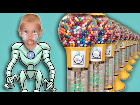 My Brother Is A Robot To Get Gum From Giant GumBall Machine! Pretend Robot With Gum Ball & Quarters