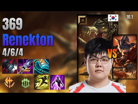 369 Top Renekton vs Rumble lol KR solo rank Full Game 16.1 | 369 레넥톤 vs 럼블