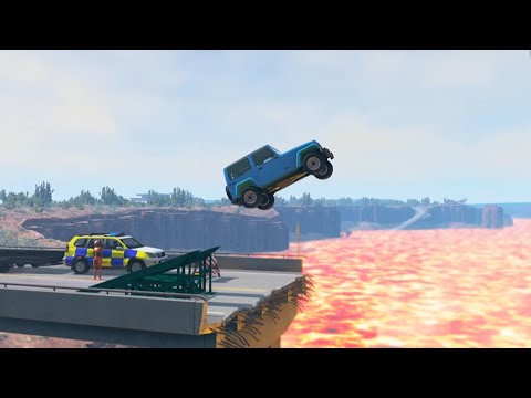 Cars crosses lava river under broken bridge