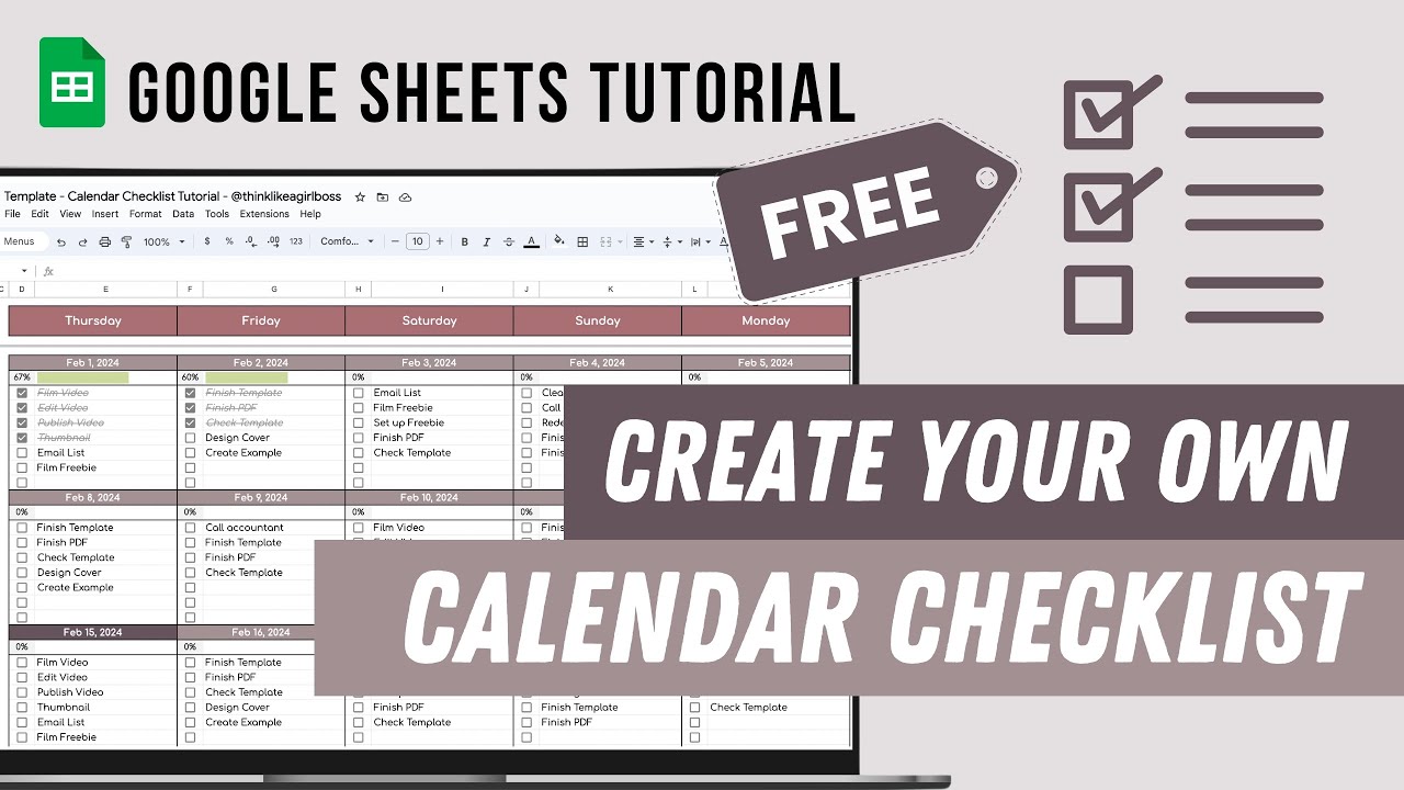Calendar Checklist Tutorial - How to make a  Calendar To-Do List FREE Google Sheets Template