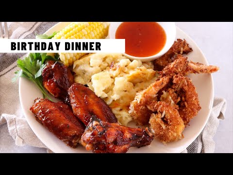 COCONUT SHRIMP, BBQ WINGS AND WHITE CHEDDAR MAC N' CHEESE  | Birthday Dinner | Let's Cook!