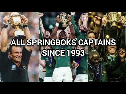 Springboks captains from 1993-2024.  Francois Pienaar | Rassie Erasmus | John Smit | Siya Kolisi