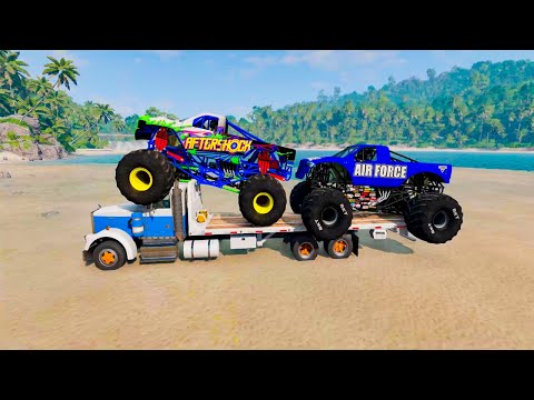 Quad Flatbed Long Trailer Monster Trucks Transport Car Rescue - Cars vs Deep Water  #002 - Cars ML