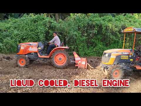 Two Mini Tractors with Rotary Tiller & Two Disc Harrow Performing in dry field. Kubota A211N Neo