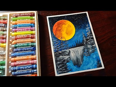 Moonlight Waterfall scenery Drawing || Easy oil pastel drawing for beginners