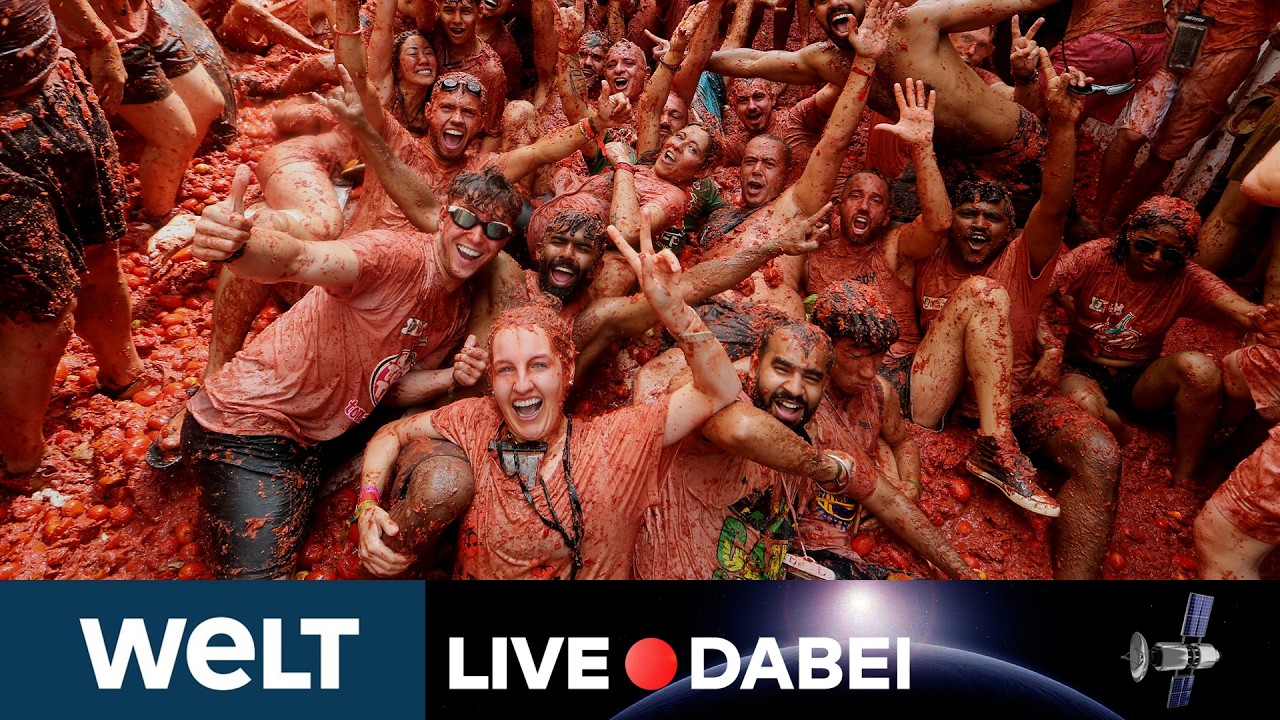 SPANIEN: "La Tomatina" Die irre Tomatenschlacht von Bunol! Kleinstadt rastet völlig aus I LIVESTREAM