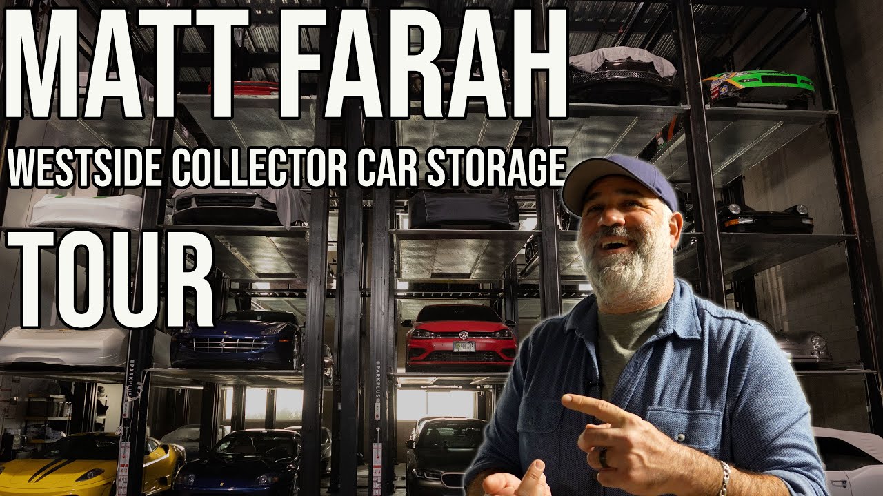Matt Farah of The Smoking Tire facility tour — ParkPlus QP1000 Quad Stacker system at Westside Car Collectors Storage Los Angeles