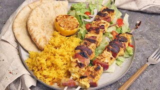 CHICKEN KEBABS WITH YELLOW RICE