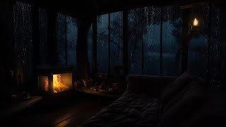 Cabin Rain at Night with Fireplace | Calm Forest Ambience for Deep Rest