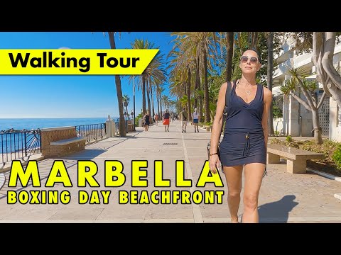 Marbella beach front walk - Boxing Day Christmas 2022 - Marbella town to Golden Mile 4K virtual tour