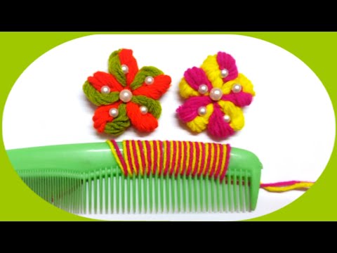 Super Easy Woolen Flower Making Trick Using Hair Comb - Hand Embroidery Amazing Flower Design