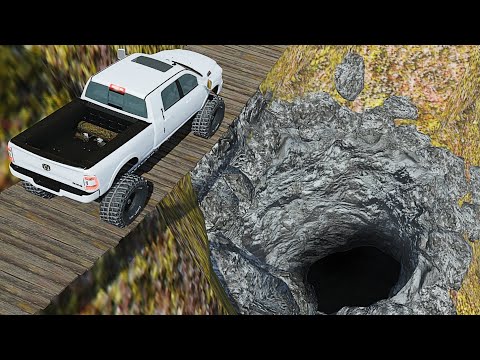 Cars Driving on Suspension Bridge Over Deep Abandoned Cave - BeamNG.drive