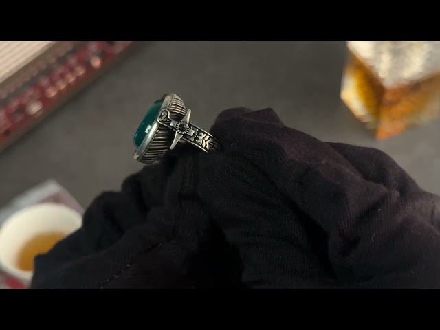 خاتم رجالي فضة استرليني مزين بحجر عقيق أخضر