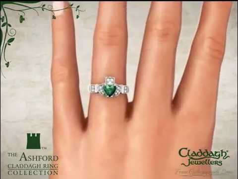 The Ashford Claddagh Ring In White Gold & Emerald