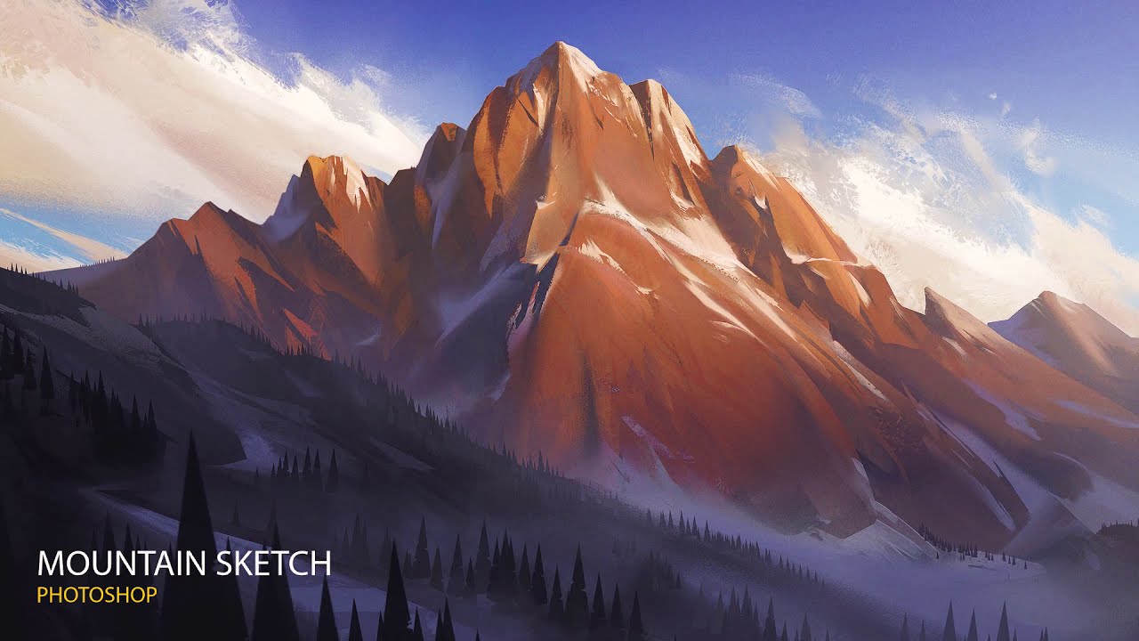 complete digital painting process of a winter mountain by jordan grimmer