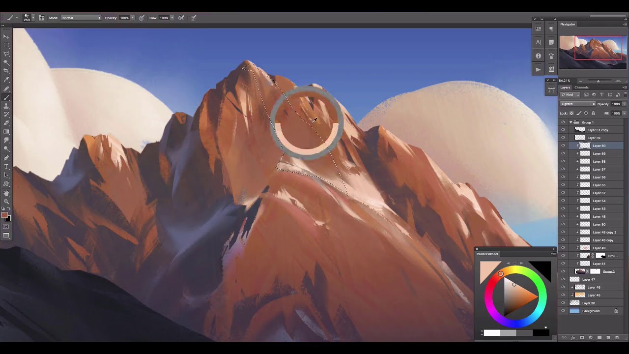 complete digital painting process of a winter mountain by jordan grimmer