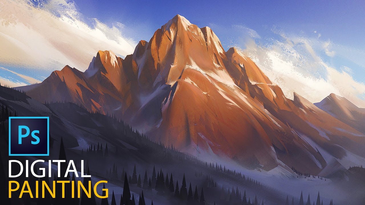 complete digital painting process of a winter mountain by jordan grimmer