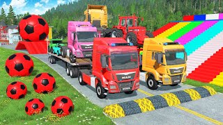 Flatbed Trailer McQueen Transportation with Truck - Speedbumps vs Cars vs Train - BeamNG.Drive #583