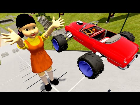 Squid Game Giant Doll Catches Jumping Cars - High Speed Jumps Compilation | BeamNG Drive Fun Madness