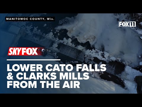 Lower Cato Falls County Park and Manitowoc River in winter; SKYFOX aerial drone views