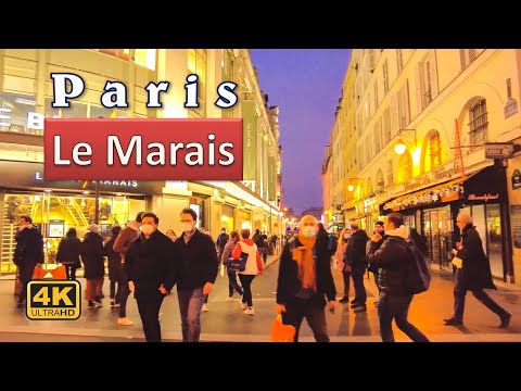 Paris France, Le Marais at Night  | Paris Christmas Walk 2021 [4K UHD]