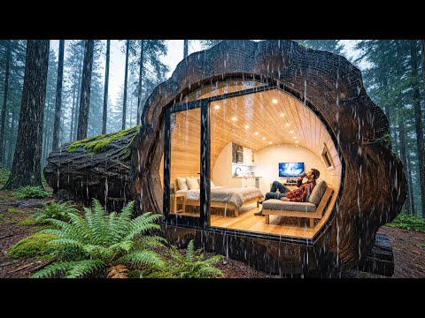 Building a house in the forest (ASMR) - This man built a mini house inside a tree trunk