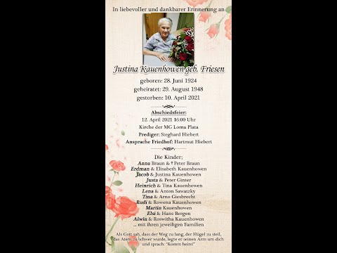 Abschiedsfeier  Witwe Justina Kauenhowen geb. Friesen     12.04.2021   4:00PM